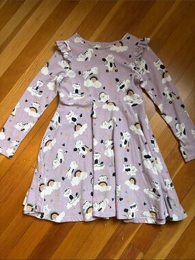 Polarn O. Pyret Lilac Cat & Rainbow Print Long-Sleeve Dress